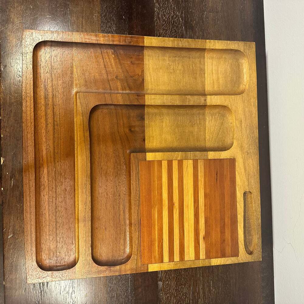 Vintage Walnut Wood Cheese Charcuterie Board Tray Vermillion Square Inlay Design